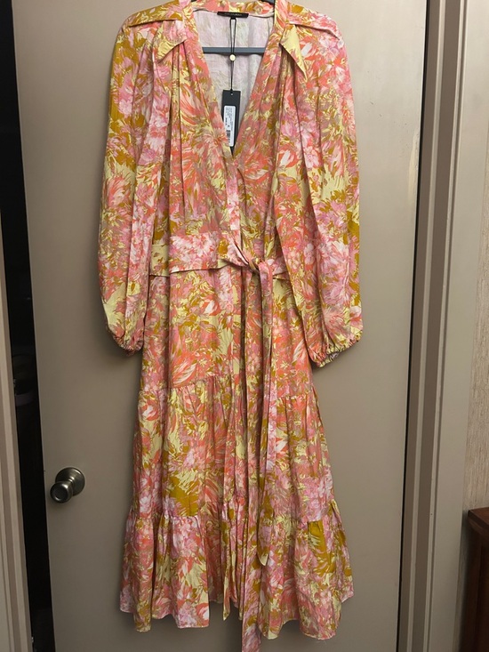 Kobi Halperin Dresses & Skirts - Kobi Halperin Pink and Mustard Floral Tie-Waist Long Sleeve Dress (name brand)